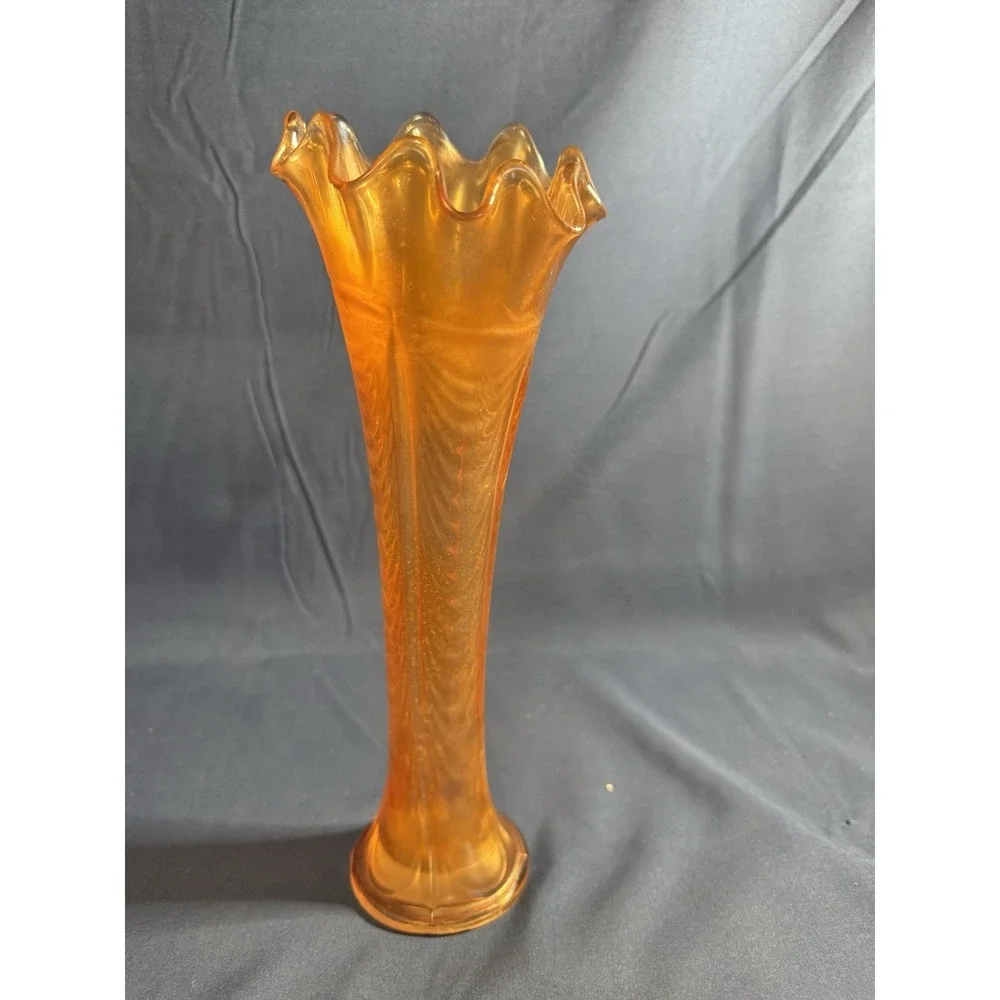 VTG 1950s Imperial Marigold Carnival Glass Vase Ripple Pattern 10